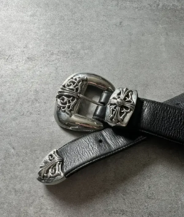 Chrome Hearts Black Leather Silver Rock Belt