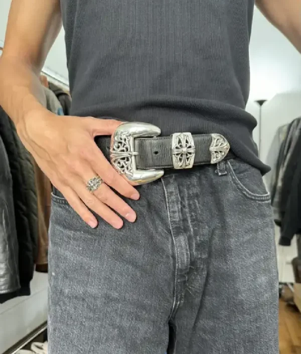 Chrome Hearts Black Leather Silver Rock Belt - Image 2