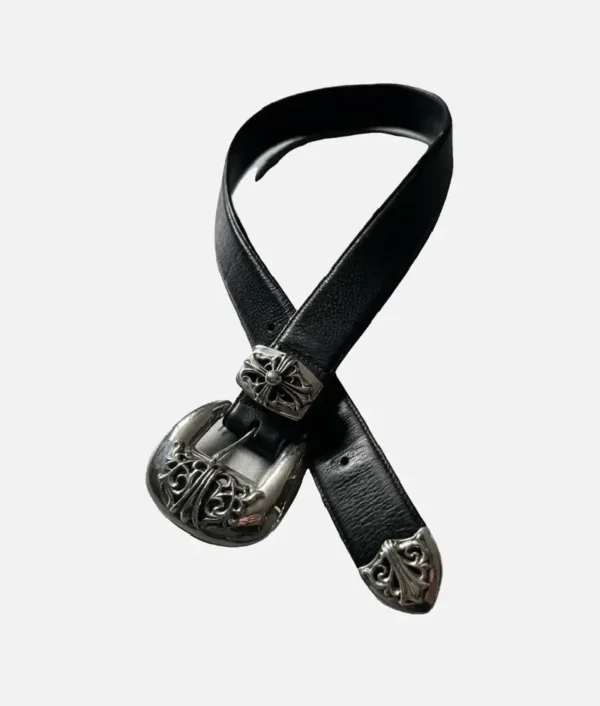 Chrome Hearts Black Leather Silver Rock Belt - Image 3